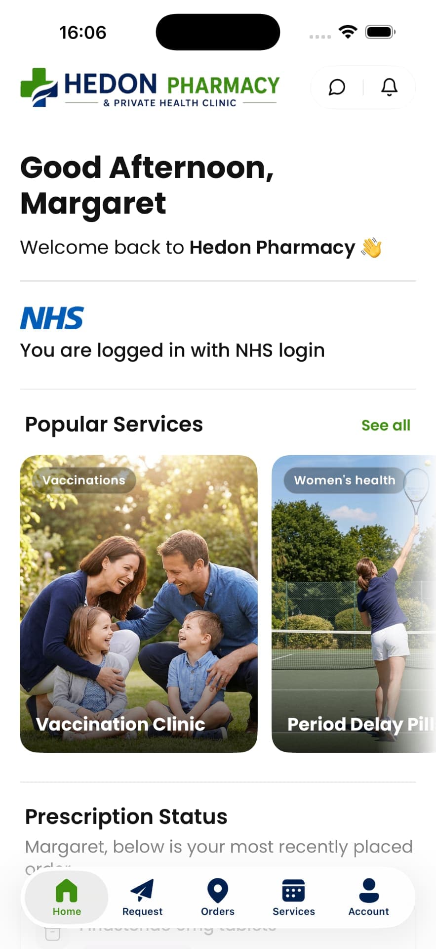 Hedon Pharmacy app home screen