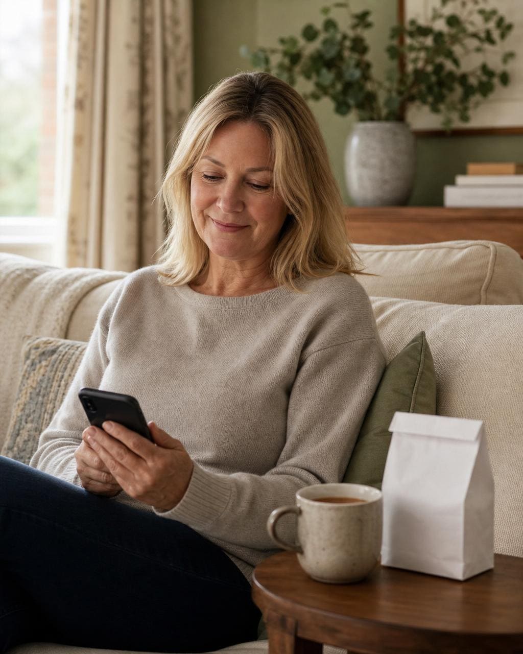 Older woman using her phone at home to nominate Hedon Pharmacy