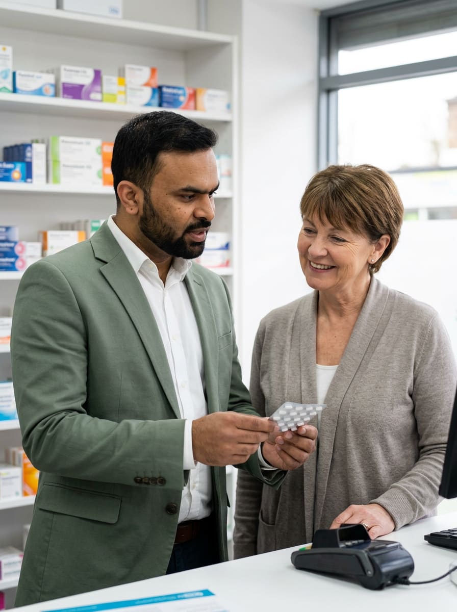 Mallesh Anemoni consulting with a patient at Hedon Pharmacy